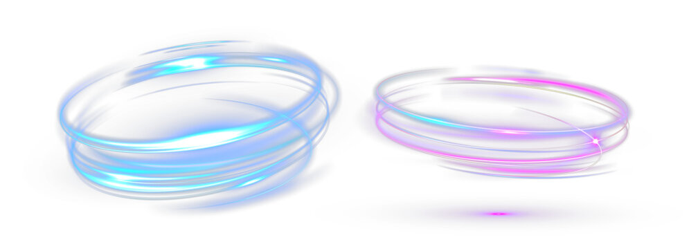 Glowing neon blue and purple swirling light trails with dynamic energy vortex effect for futuristic presentation and digital design.