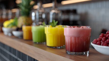 A fresh juice bar with a variety of colorful juices.