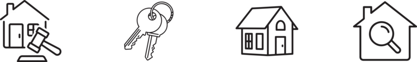 Real estate concept with house, keys, auction and search isolated on