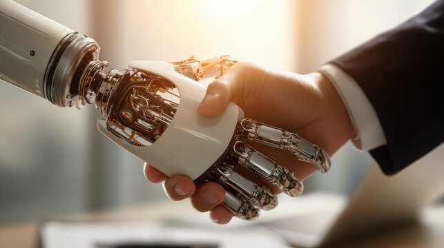 Business professional and artificial intelligence robot collaborating on project with handshake gesture showing partnership. Cooperative technology human AI partnership and collaboration concept.