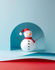 Whimsical Sandy Snowman with Santa Hat and Red Scarf, Festive Winter Scene Illustration