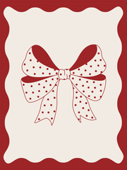 Minimal red bow illustration with polka dots. Cute holiday ribbon design for Christmas decor, cards, posters, stickers, and festive graphic projects. Perfect simple decorative element.