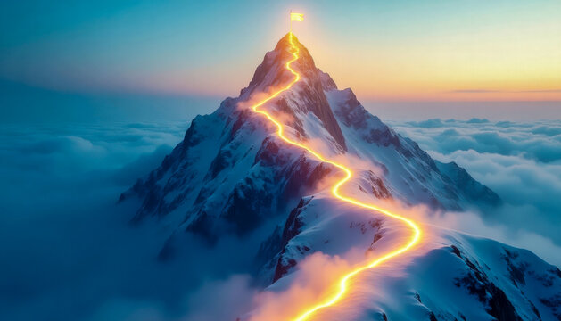 Mountain peak success path goal achievement climbing snow landscape sky