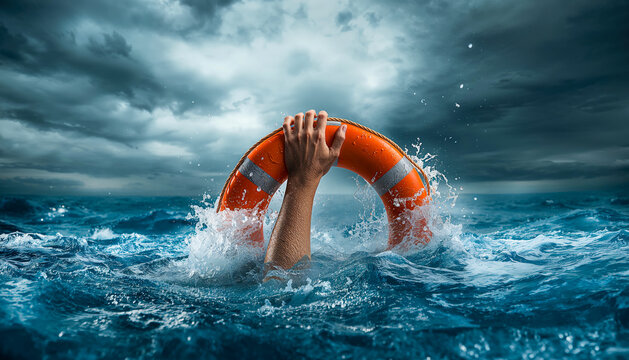 Lifebuoy rescue ocean sea water danger help drowning safety storm cloud