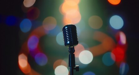 Vintage Microphone with Bokeh Lights Nostalgia and Modern Ambiance