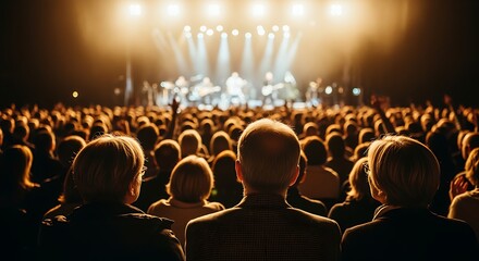 Captivating Concert Back View of Audience Enjoying Live Music Under Bright Stage Lights