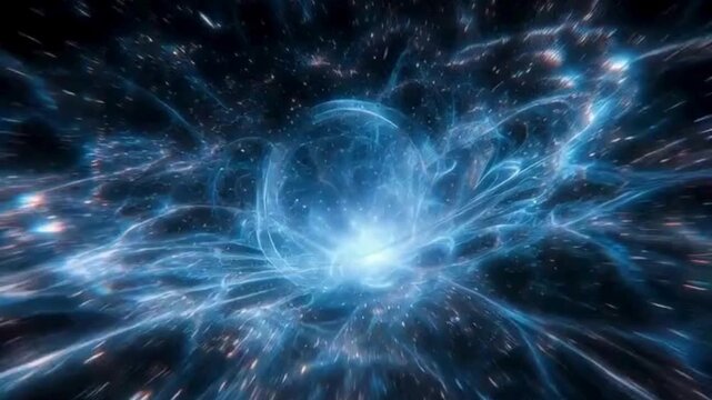 Dynamic cinematic blue plasma energy sphere swirls through space time distortion with particle trails effect footage