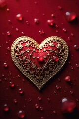 Intricate Heart Filigree with Dewdrops on Velvet A highly detailed, intricate heart shaped filigree made of polished rose gold, resting on a luxurious, deep crimson velvet surface. Tiny, clear dew