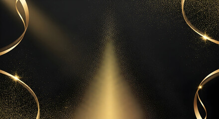 Elegant black and gold background with shimmering ribbons, radiant light beams, and sparkling glitter.
