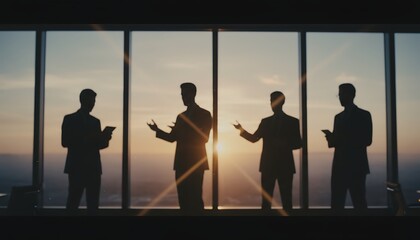 Four professional silhouettes engaging in a strategic business discussion against a breathtaking sunset through a panoramic office window, symbolizing global leadership and future success