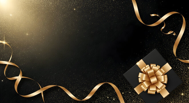 Elegant black gift box with a golden bow and swirling ribbons on a dark, sparkling background.
