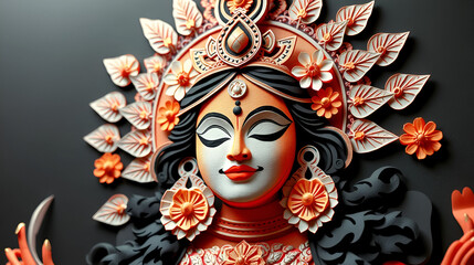 Stunning papercraft depiction of Goddess Durga's serene face, radiating divine energy and festive spirit with intricate floral details.