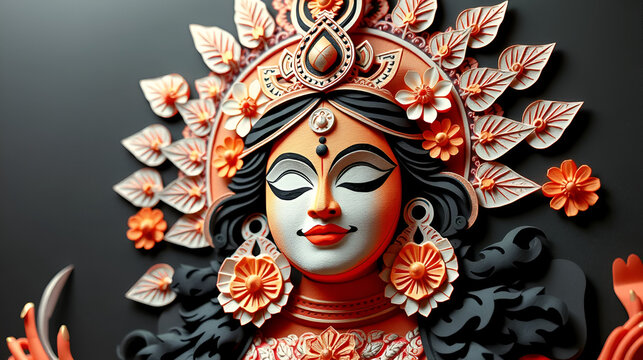 Stunning papercraft depiction of Goddess Durga's serene face, radiating divine energy and festive spirit with intricate floral details.