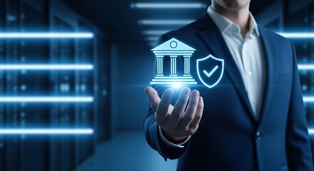 Businessman holding glowing bank and shield icon representing financial security