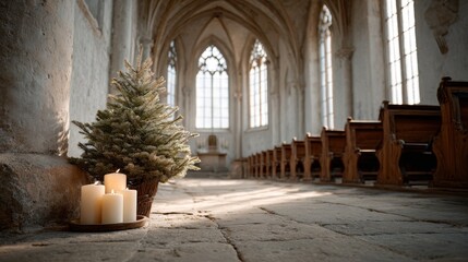 Serene Christmas tree and candle set in historic church interior for spiritual seasonal visuals