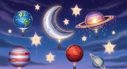 Whimsical Night Sky with Planets, Moon, and Stars as Hot Air Balloons.