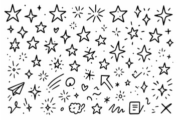 Hand-drawn doodle vector set of stars and sparkles created in a fun sketchy style, isolated on white background
