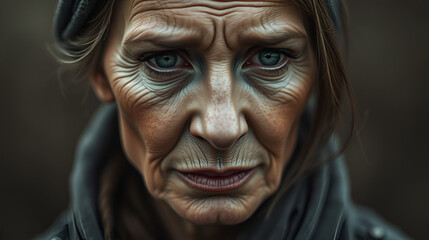 Melancholy of Wisdom: An elegant portrait of a weathered woman with captivating eyes gazing softly, encapsulating wisdom, and melancholy. Her face tells tales of time passed.