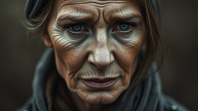 Melancholy of Wisdom: An elegant portrait of a weathered woman with captivating eyes gazing softly, encapsulating wisdom, and melancholy. Her face tells tales of time passed.