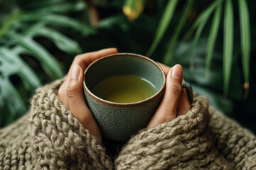 Person holding herbal tea cup while wrapped in a cozy throw
