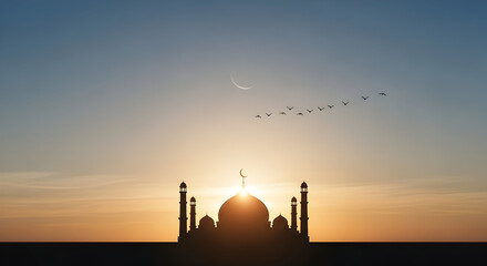 A majestic mosque silhouette against a sunrise sky with a crescent moon and a flock of flying birds.