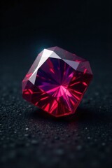 Scattered Gemstones and a Single Crown Detail A close up, macro photograph of a single, intricately designed gold crown. Several large, loose, uncut gemstones (including a deep red ruby, a vibrant