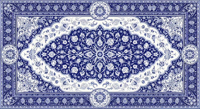 An ornate blue and white rectangular rug featuring a central floral medallion and intricate symmetrical patterns.