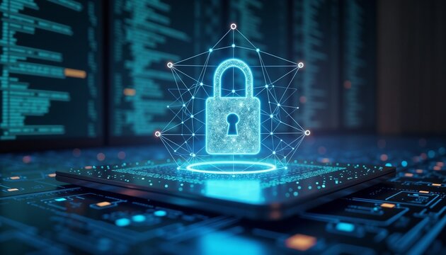 Digital lock symbol on a smartphone screen representing cybersecurity concept with background data - Powered by Adobe