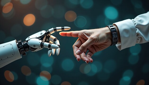 Human hand and robotic hand touching each other symbolizing connection and innovation with bokeh effect - Powered by Adobe