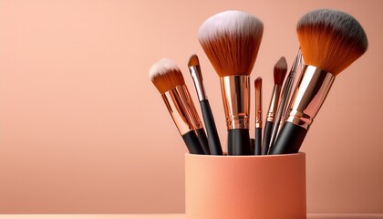 makeup brushes in peach holder on pastel background
