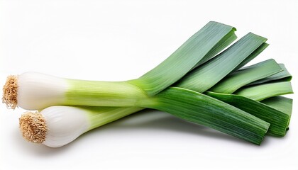 fresh green leek with white bulbs and green tops isolated on white background
