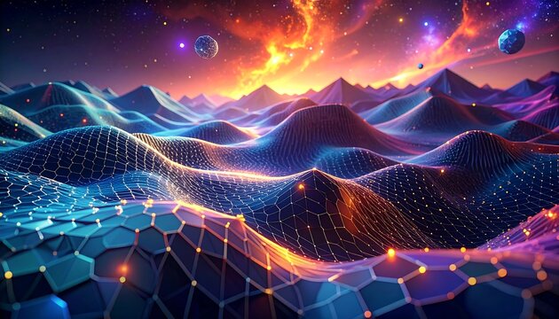 Digital cosmic artwork depicting a surreal alien landscape with a vibrant sky filled with nebulae and floating celestial bodies - Powered by Adobe