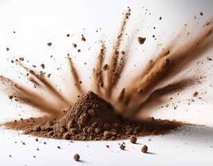 close up of soil particles scattering and exploding into the air on a white background dynamic motion capture symbolizing energy nature and impact