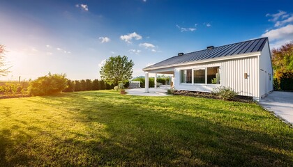 white modern farmhouse under bright sunlight