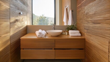 sunlit modern bathroom with wooden accents and white towels