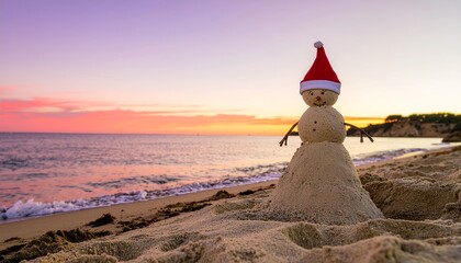 Sandy snowman at the beach, a festive winter scene with a sunset over the ocean, holiday fun