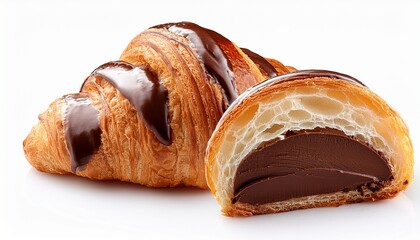 chocolate filled croissants with one cut showing dark chocolate filling isolated on white background