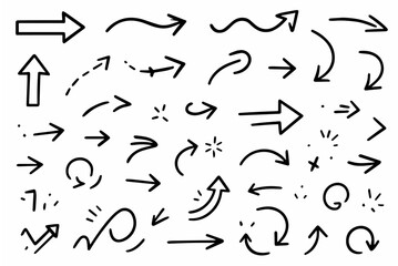 Hand-drawn doodle vector set of tiny pointer arrows created in a fun sketchy style, isolated on white background
