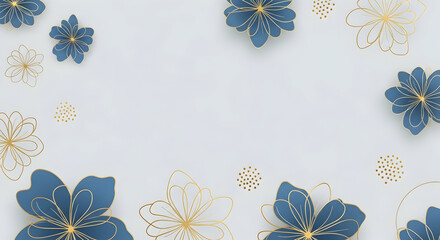 An elegant floral background featuring stylized blue and gold line art flowers on a light grey surface.