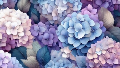 seamless background featuring hydrangea flowers in soft white blue pink purple and violet shades perfect for design projects wallpapers invitations digital art floral patterns spring themes