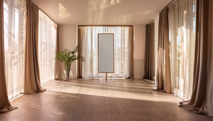 minimalist sunlit room with square mirror and sheer curtains