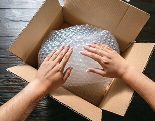 hands carefully packing an item with bubble wrap into a cardboard box perfect for themes of moving shipping relocation and secure packaging services