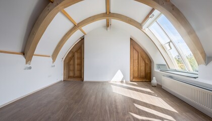bright interior room with arched skylight and white walls