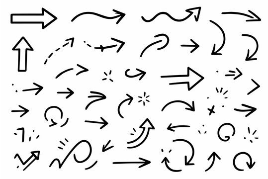 Hand-drawn doodle vector set of tiny pointer arrows created in a fun sketchy style, isolated on white background
