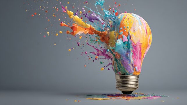 Creative light bulb explodes with colorful paint and colors. New idea, brainstorming concept.