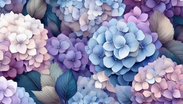 seamless background featuring hydrangea flowers in soft white blue pink purple and violet shades perfect for design projects wallpapers invitations digital art floral patterns spring themes - Powered by Adobe