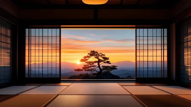 Traditional japanese dojo overlooking serene mountain sunset