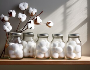 white cotton rounds in glass jars on shelf
