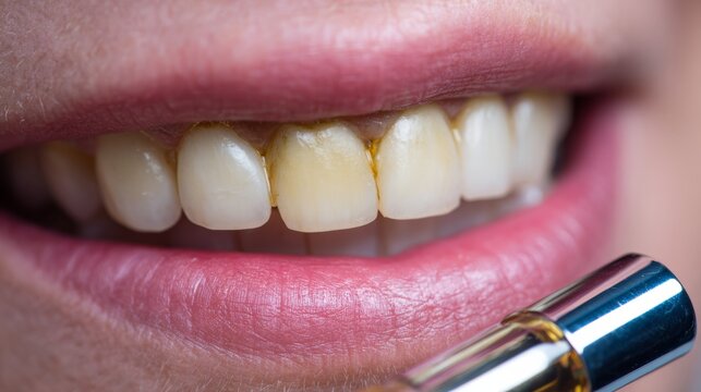 Person showing yellow teeth with plaque and tartar, lips holding a portable electronic vaporizing device, oral health problem concept