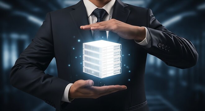Businessman holding a glowing digital building hologram in his hands